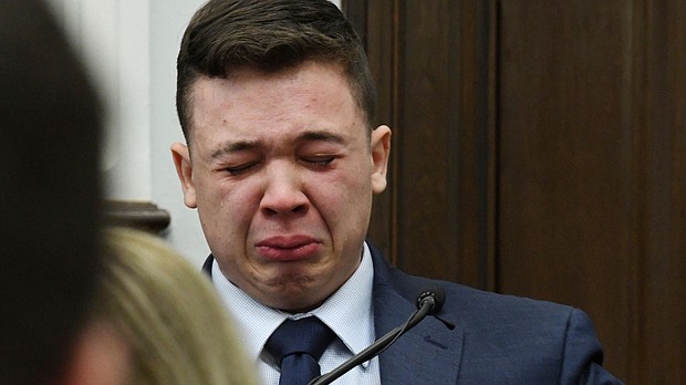 Kyle Rittenhouse breaks down on the stand as he testifies about his encounter with Joseph Rosenbaum during his trial at the Kenosha County Courthouse on Wednesday, November 10, 2021.
Mandatory Credit:	Mark Hertzberg/Pool/AP