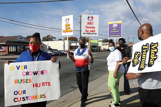 GRTC bus drivers, retired drivers and members of Amalgamated Transit Union Local 1220 picket Nov. 10 outside the transit company’s headquarters on Belt Boulevard in South Side to call public attention to safety issues and other concerns.