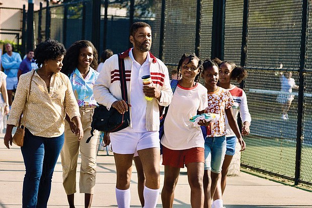 From left, Aunjanue Ellis, Mikayla Bartholomew, Will Smith, Saniyya Sidney, Demi Singleton and Daniele Lawson star as members of the Williams family in the film, “King Richard” that opens Nov. 19.