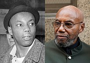 This combination photo shows a young Muhammad Aziz, who was charged in the slaying of Malcolm X, after his arrest on Feb. 26, 1965, in New York, and Mr. Aziz, now 83, outside court on Nov. 18 after his conviction in the assassination of Malcolm X was vacated.