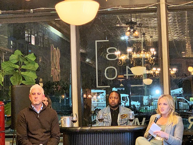 Derrick Westbrook (middle), is a sommelier and co-owner of Juice @ 1340. He hosted Acorns Money Pie Live, with Jessica Schaefer (right) and Seth Wunder (left). Photo by Tia Carol Jones