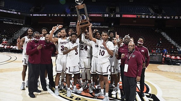 The Virginia Union University Panthers celebrate their victory over Winston-Salem State University on Nov. 23 in the final of the Chris Paul HBCU Tip-Off at the Mohegan Sun Arena in Connecticut.