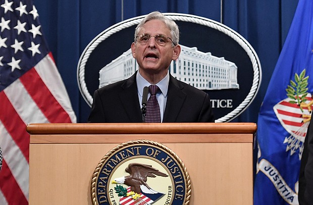 The Justice Department filed a lawsuit challenging legislative maps adopted by Texas Republicans in recent weeks, and pictured, 
Attorney General Merrick B. Garland speaks during a press conference at the Department of Justice in Washington, DC on November 8.
Mandatory Credit:	OLIVIER DOULIERY/AFP/Getty Images