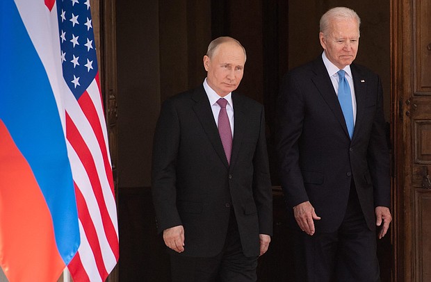 President Joe Biden will hold a call with Russian President Vladimir Putin, pictured here, in Geneva on June 16, in what is expected to be a highly consequential meeting for the two leaders amid escalating tensions between Russia and Ukraine.
Mandatory Credit:	SAUL LOEB/AFP/POOL/Getty Images