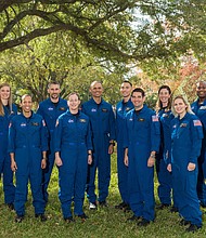 NASA's 2021 Astronaut Candidate Class includes (from left) US Air Force Maj. Nichole Ayers, Christopher Williams, US Marine Corps Maj. (retired) Luke Delaney, US Navy Lt. Cmdr. Jessica Wittner, US Air Force Lt. Col. Anil Menon, US Air Force Maj. Marcos Berríos, US Navy Cmdr. Jack Hathaway, Christina Birch, US Navy Lt. Deniz Burnham and Andre Douglas.
Mandatory Credit:	Robert Markowitz/NASA
