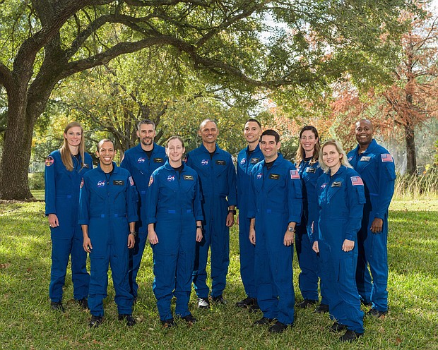 NASA's 2021 Astronaut Candidate Class includes (from left) US Air Force Maj. Nichole Ayers, Christopher Williams, US Marine Corps Maj. (retired) Luke Delaney, US Navy Lt. Cmdr. Jessica Wittner, US Air Force Lt. Col. Anil Menon, US Air Force Maj. Marcos Berríos, US Navy Cmdr. Jack Hathaway, Christina Birch, US Navy Lt. Deniz Burnham and Andre Douglas.
Mandatory Credit:	Robert Markowitz/NASA