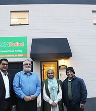 From left, Brother Amir Saeed, chief information officer with ICNA; Brother Yunus Vohra, founding member of the Islamic Center of Henrico; Hamna Saleem, outreach coordinator for ICNA Relief Richmond; and Kmal Hussain, food pantry coordinator, stand outside the new resource center that opened last week at 3009 Lafayette Ave. in Lakeside.