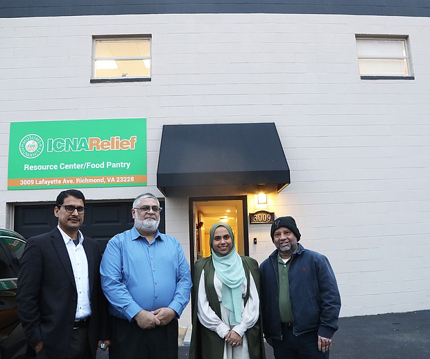 From left, Brother Amir Saeed, chief information officer with ICNA; Brother Yunus Vohra, founding member of the Islamic Center of Henrico; Hamna Saleem, outreach coordinator for ICNA Relief Richmond; and Kmal Hussain, food pantry coordinator, stand outside the new resource center that opened last week at 3009 Lafayette Ave. in Lakeside.