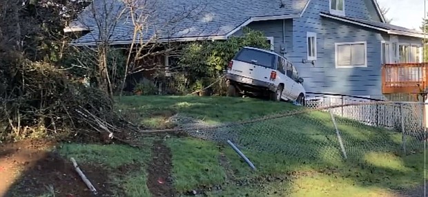 The crash happened at at Southeast Nourse Road and Southeast 280th Court, which is less than a mile from Camas High School. The sheriff's office said the vehicle left the roadway, then struck fencing and a home.
Mandatory Credit:	Clark County Sheriff/KPTV