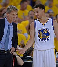 Curry chatting with Warriors coach Steve Kerr in the 2015 NBA Playoffs.
Mandatory Credit:	Jose Carlos Fajardo/Bay Area News Group/Getty Images