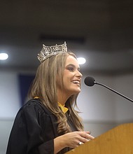 Miss America Camille Schrier, a School of Pharmacy student, addresses the graduates last Saturday at Virginia Commonwealth University’s fall commencement. It was the first in-person commencement since the start of the pandemic in early 2020.