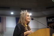 Miss America Camille Schrier, a School of Pharmacy student, addresses the graduates last Saturday at Virginia Commonwealth University’s fall commencement. It was the first in-person commencement since the start of the pandemic in early 2020.