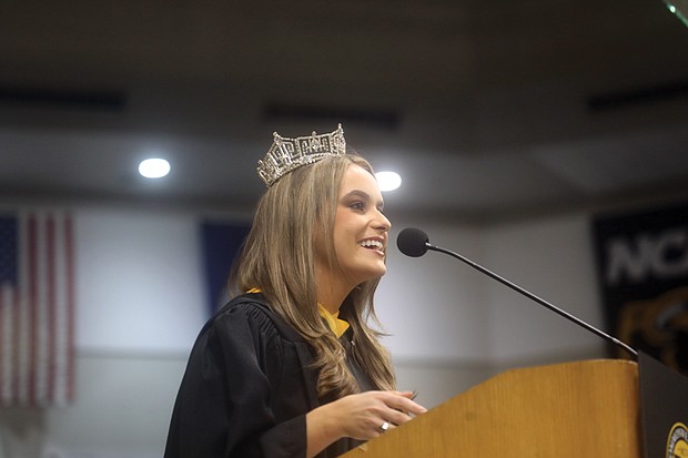 Miss America Camille Schrier, a School of Pharmacy student, addresses the graduates last Saturday at Virginia Commonwealth University’s fall commencement. It was the first in-person commencement since the start of the pandemic in early 2020.