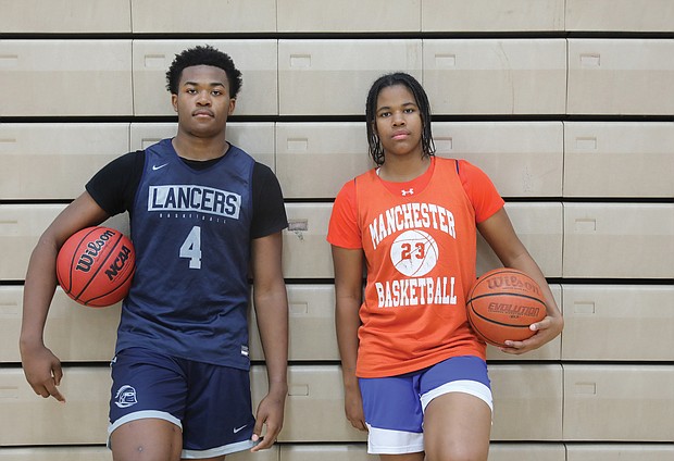 Makai Byerson, left, and Mia Woolfolk, both 15 and sophomores, are standouts on the boys’ and girls’ varsity basketball teams at Manchester High School in Chesterfield County. Woolfolk is the daughter of former University of Richmond player Pete Woolfolk, while Byerson is the son of former Virginia Union University and NBA G-League player Brad Byerson.