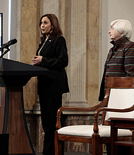 Vice President Kamala Harris delivers remarks at the 2021 Freedman’s Bank Forum event at the U.S. Treasury Department on December 14, 2021 in Washington, DC.