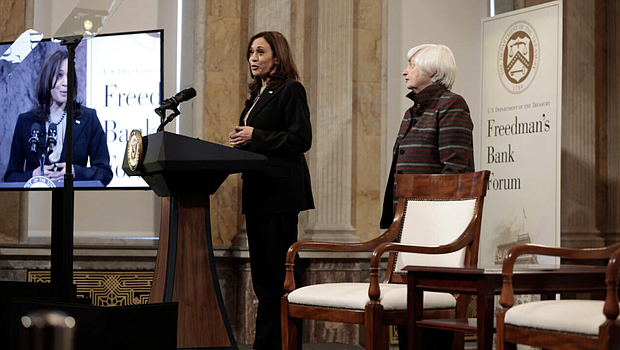 Vice President Kamala Harris delivers remarks at the 2021 Freedman’s Bank Forum event at the U.S. Treasury Department on December 14, 2021 in Washington, DC.