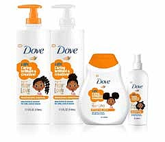 The Dove Kids Care Hair Love collection includes Shampoo, Conditioner, Detangler, and Curl Cream. Dove