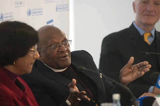 rchbishop Desmond Tutu, center, at the launch of Free & Equal, a United Nations global public education campaign for lesbian, gay, bisexual and transgender equality on July 26, 2013, in Cape Town.
Rodger Bosch/AFP/Getty Images