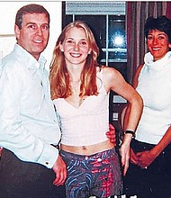 A photograph appearing to show Prince Andrew with Jeffrey Epstein's accuser Virginia Roberts Giuffre and, in the background, Ghislaine Maxwell.
	 Florida Southern District Court