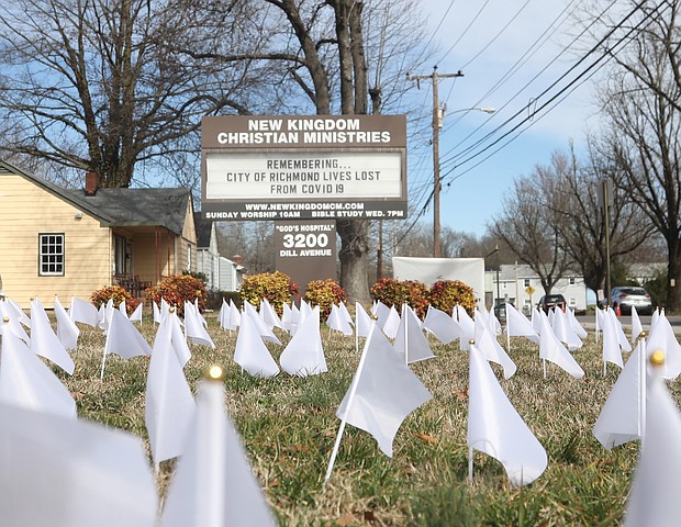More than 200 white flags representing the number of Richmonders who had died at that point from COVID-19 were placed outside New Kingdom Christian Ministries on Dill Avenue in Highland Park in early March. The church held a candlelight vigil March 6 outside the church in memory of loved ones lost. Several people spoke about the impact of COVID-19 on their lives and the lives of their loved ones. Others watched the ceremony virtually.