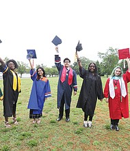 Valedictorians at Richmond’s public high schools celebrated during a group photo June 12 at Byrd Park. They are, from left, Te’Vonya Jeter of Huguenot; Aissatou Barry of Richmond Community; Airheiz Cabrera of Armstrong; Harold Aquino-Guzman of George Wythe; Terri Lee of Franklin Military Academy; Mary Jane Perkins-Lynch of Thomas Jefferson; and Abena Williams of Open High. Not pictured in A’Nya Davis of John Marshall.