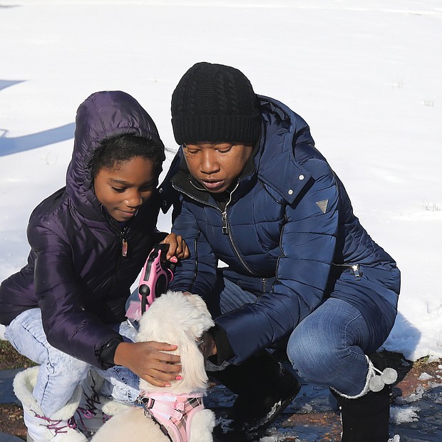 Nicole Lindsay and her 8-year-old daughter, Amira Hill, pause during a snowy walk Tuesday to pet the newest member of the family, Fuzzi, a 2-year-old Bichon Frise. Amira, a fourth-grader engaged in virtual learning at Richmond’s Overby- Sheppard Elementary School, wanted to show Fuzzi around the North Side neighborhood. The family was walking in the 2800 block of Wellington St., where the bright sunshine had melted snow from the sidewalks.