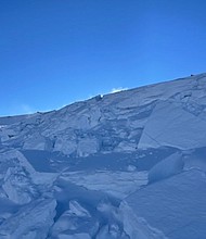 The scene at the North Star Mountain, northwest of Hoosier Pass, after a January 8 avalanche buried two snowshoers and their dog, killing them all.
	Summit County Rescue Group/KCNC