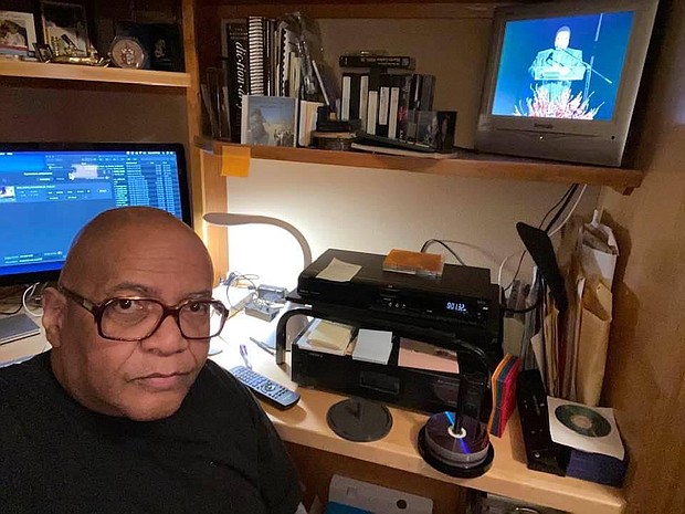 Retired Portland educator and World Arts Foundation co-founder Ken Berry at the controls of video editing equipment used to produce Keep Alive the Dream, a new historic film documenting 43 years of annual MLK tributes and showcasing the lives of African Americans in Oregon.