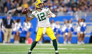 The National Football League bounced back to ratings dominance following a 2020 season that was disrupted by the pandemic, and pictured, Aaron Rodgers, quarterback of the Green Bay Packers, is one of the many notable names in the NFL playoffs this year.
Rey Del Rio/Getty Images