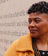 Bernice King, the daughter of the Rev. Martin Luther King, Jr., is seen outside of The Martin Luther King Jr. Center for Nonviolent Social Change in Atlanta on Wed., Jan. 10, 2018. (AP Photo/Robert Ray)