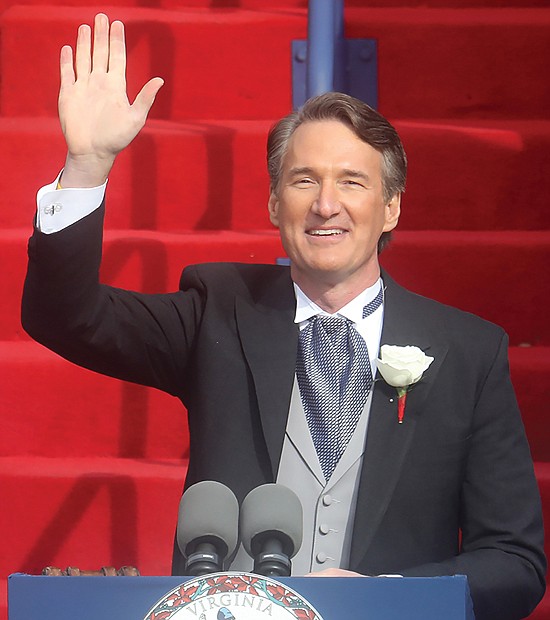 Gov. Glenn A. Youngkin waves to a cheering crowd after delivering his inaugural address. He is the state’s 74th governor.