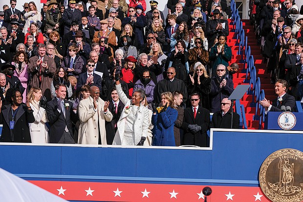 Lt. Gov. Winsome Earle-Sears stands and waves to the crowd as she is recognized by Gov. Glenn A. Youngkin during his inaugural address. The new governor reminded the crowd of the diversity of the state’s newly elected GOP leadership.