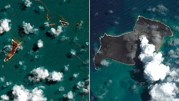 The eruption this month of an underwater volcano near Tonga was hundreds of times more powerful than the Hiroshima atomic bomb, according to NASA.
Mandatory Credit:	Maxar Technologies/AP