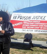 Natasha White of Interfaith Action for Human Rights and the Virginia Coalition of Solitary Confinement speaks during the 5th Annual Virginia Prison Justice Network Rally last Saturday, Jan. 22, in Monroe Park.