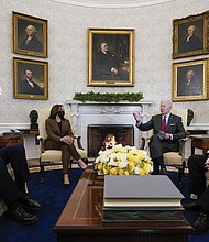 President Biden and Vice President Kamala Harris meet with Sen. Dick Durbin, D-Ill., right, chairman of the Senate Judiciary Committee, and Sen. Chuck Grassley, R-Iowa, the ranking member, to discuss the upcoming Supreme Court vacancy in the Oval Office of the White House on Tuesday.