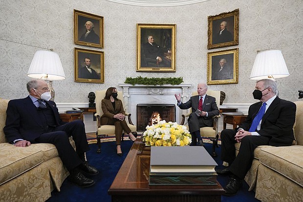 President Biden and Vice President Kamala Harris meet with Sen. Dick Durbin, D-Ill., right, chairman of the Senate Judiciary Committee, and Sen. Chuck Grassley, R-Iowa, the ranking member, to discuss the upcoming Supreme Court vacancy in the Oval Office of the White House on Tuesday.