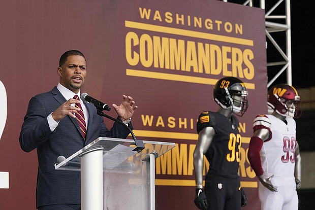 Washington Commanders President Jason Wright speaks during an event to unveil the NFL football team’s new identity Wednesday in Landover, Md. The new name comes 18 months after the once-storied franchise dropped its old moniker following decades of criticism that it was offensive to Native Americans.