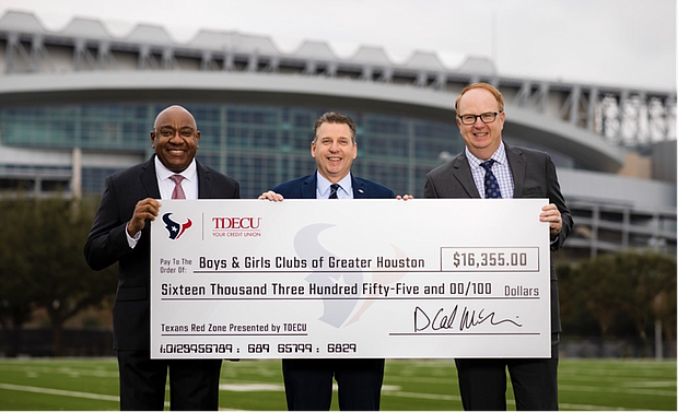 Pictured (L to R): Isaac Johnson, TDECU President & CEO; Kevin Hattery, Boys & Girls Club of Greater Houston President & CEO; Greg Grissom, Houston Texans President.