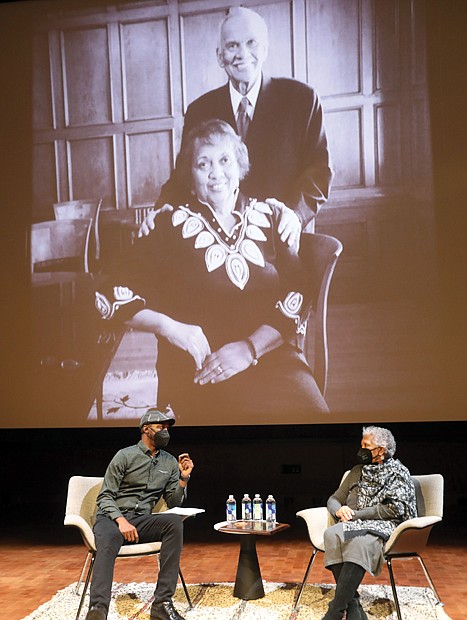 Jean Patterson Boone, publisher of the Richmond Free Press, talks with Virginia Commonwealth University Professor Chioke I’Anson about the vision and trials in starting the award-winning newspaper 30 years ago during the George Mason Award ceremony Feb. 3 sponsored by the Virginia Pro Chapter of the Society of Professional Journalists. Mrs. Boone and her late husband, Raymond H. Boone, who founded the publication in January 1992, were recognized by the organization with the George Mason Award for their outstanding contributions to the field of journalism. The ceremony, held at the VCU Institute for Contemporary Art and livestreamed virtually, was originally scheduled in 2020 but delayed because of the pandemic. The portrait of the Boones shown on a screen above the stage was taken in April 2014 by Cleveland-based photojournalist Annie O’Neill just months before Mr. Boone’s death in June 2014 of pancreatic cancer. The Free Press also was recognized by Richmond Delegate Jeff Bourne during Monday’s floor session of the Virginia House of Delegates for its 30-year legacy to “inform, educate and empower readers” in the Richmond area.