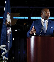 Mayor Levar M. Stoney delivers his State of the City address Tuesday evening to a small, in-person audience at Main Street Station. The address was livestreamed to a wider audience on the city’s Facebook page.