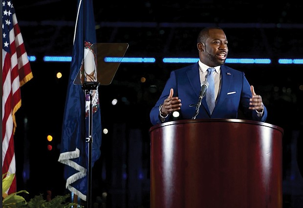 Mayor Levar M. Stoney delivers his State of the City address Tuesday evening to a small, in-person audience at Main Street Station. The address was livestreamed to a wider audience on the city’s Facebook page.