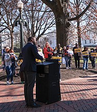 Mayor Levar M. Stoney speaks to the crowd of about 70 people at last Saturday’s “The Urgency of Now Rally” sponsored by the Virginia State Conference NAACP at the Bell Tower at the State Capitol. The group also was celebrating the national NAACP’s 113th birthday. The organization was founded Feb. 12,1909.
