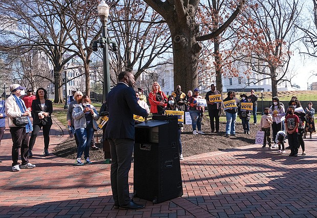 Mayor Levar M. Stoney speaks to the crowd of about 70 people at last Saturday’s “The Urgency of Now Rally” sponsored by the Virginia State Conference NAACP at the Bell Tower at the State Capitol. The group also was celebrating the national NAACP’s 113th birthday. The organization was founded Feb. 12,1909.