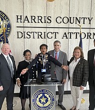 DJ with Asst. Chief Investigator Trina Burkes, Chief Investigator Robert Jackson, Asst. District Attorney Eric Kugler, District Attorney Kim Ogg and C.O. Bradford, who is the Harris County DA Office’s Law Enforcement Liaison and former Chief of the Houston Police Department.