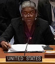 US ambassador to the UN Linda Thomas-Greenfield (C) speaks during an emergency meeting of the UN Security Council on the Ukraine crisis, in New York, February 21.
Mandatory Credit:	Timothy A. Clary/AFP/Getty Images