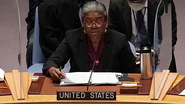 US ambassador to the UN Linda Thomas-Greenfield (C) speaks during an emergency meeting of the UN Security Council on the Ukraine crisis, in New York, February 21.
Mandatory Credit:	Timothy A. Clary/AFP/Getty Images