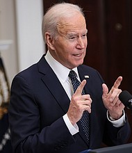President Joe Biden in the Roosevelt Room of the White House on Friday, February 18, 2022.
Mandatory Credit:	Oliver Contreras/Sipa USA/AP