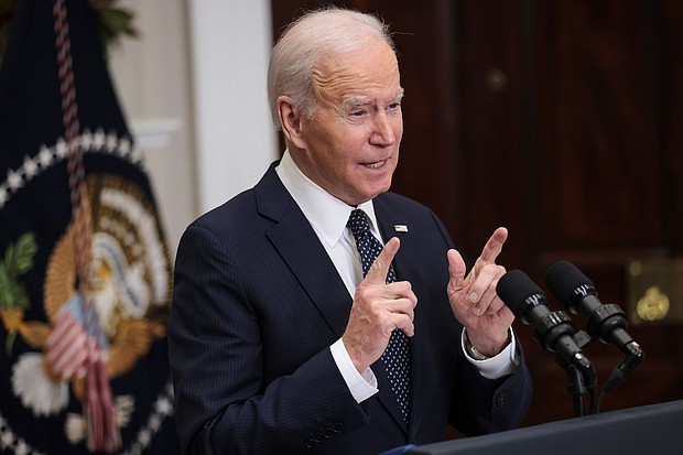 President Joe Biden in the Roosevelt Room of the White House on Friday, February 18, 2022.
Mandatory Credit:	Oliver Contreras/Sipa USA/AP