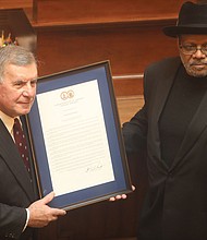 Weldon Edwards is recognized in the Virginia House of Delegates as the first Black football player at the University of Richmond in 1970.The proclamation was presented Feb. 18 by his former UR teammate, Delegate John Avoli of Staunton.