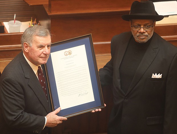 Weldon Edwards is recognized in the Virginia House of Delegates as the first Black football player at the University of Richmond in 1970.The proclamation was presented Feb. 18 by his former UR teammate, Delegate John Avoli of Staunton.